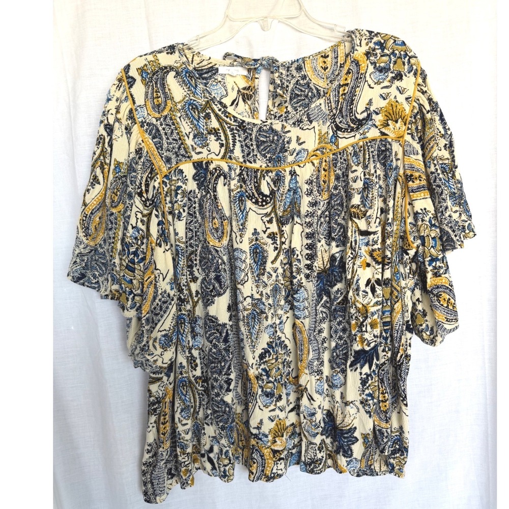 Maurices Paisley Cottagecore Peasant Festival Gauze Top Blue Yellow Boho 3X
